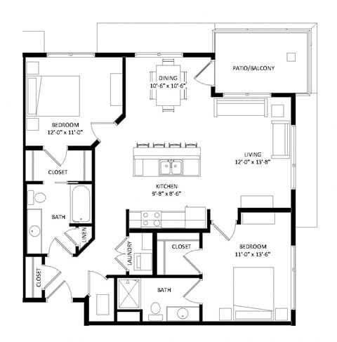 Floor plan for 2 beds, 2 baths, 1071 sqft